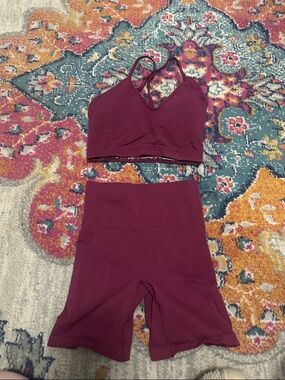 YITTY Burgundy Matching Workout Set - Sports Bra & High-Waist Bike Shorts